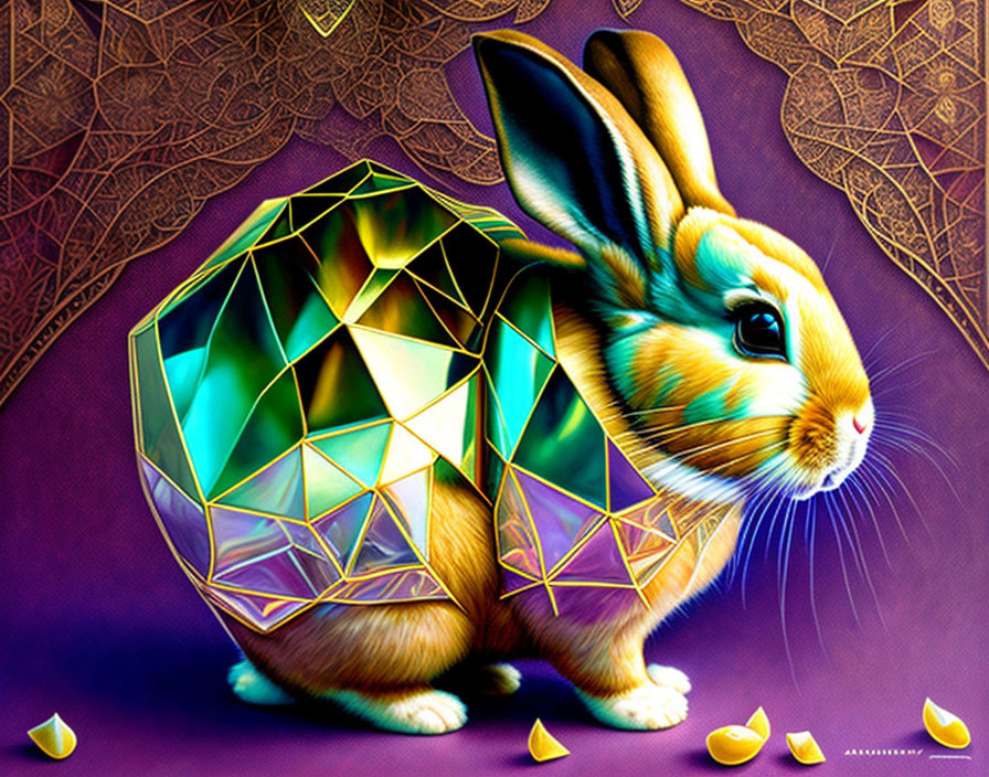 Geometric rabbit illustration with crystalline shell on purple background