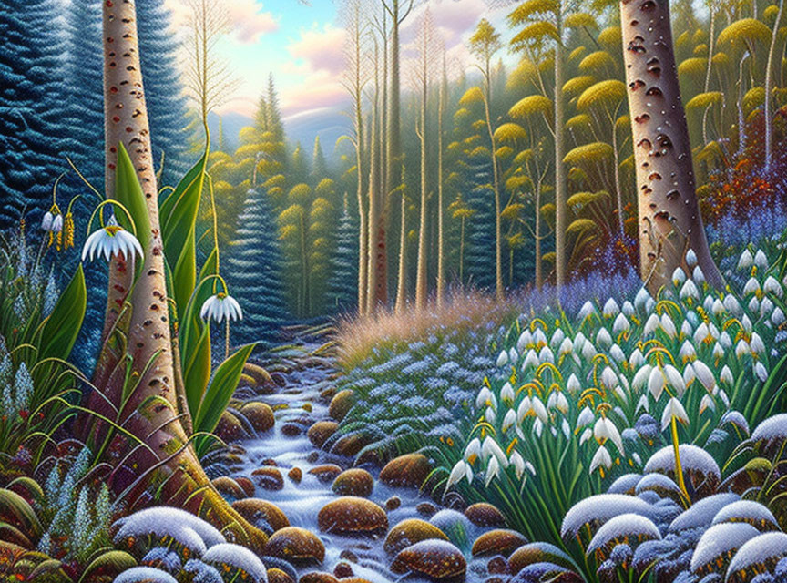 Detailed painting of lush forest with stream, snowdrop flowers, birch trees, and evergreens under