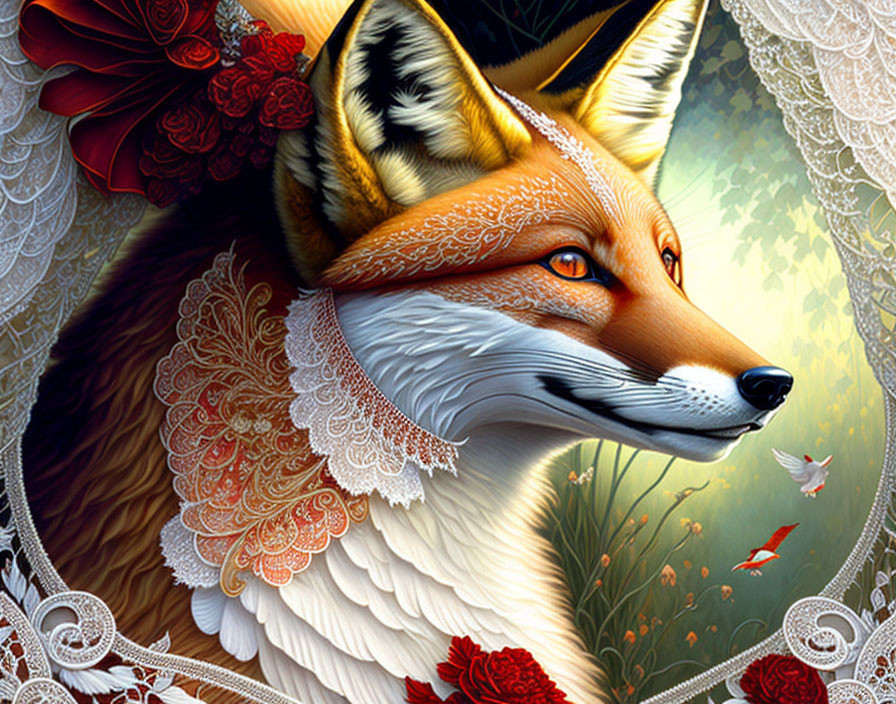 Detailed illustration of majestic fox with orange fur, lace collar, surrounded by roses, butterfly, and humming