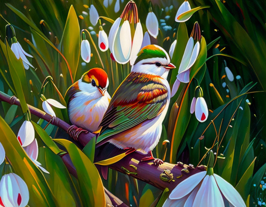 Stylized birds on branch with green leaves and white flowers