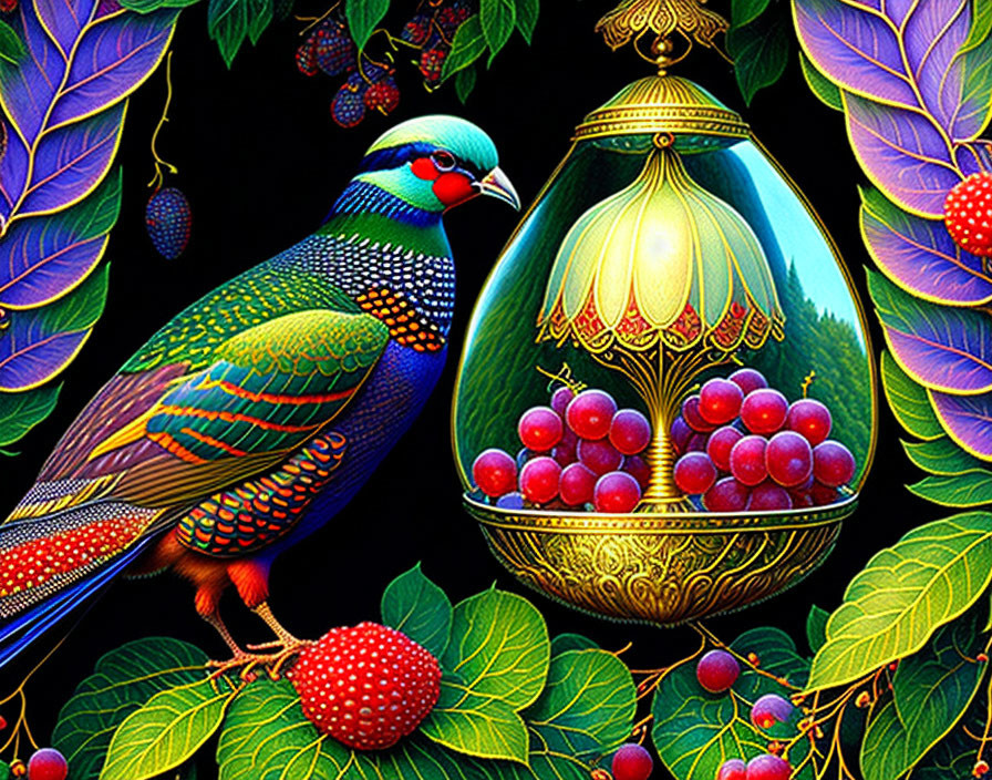 Colorful bird and decorative egg in lush foliage and berries.