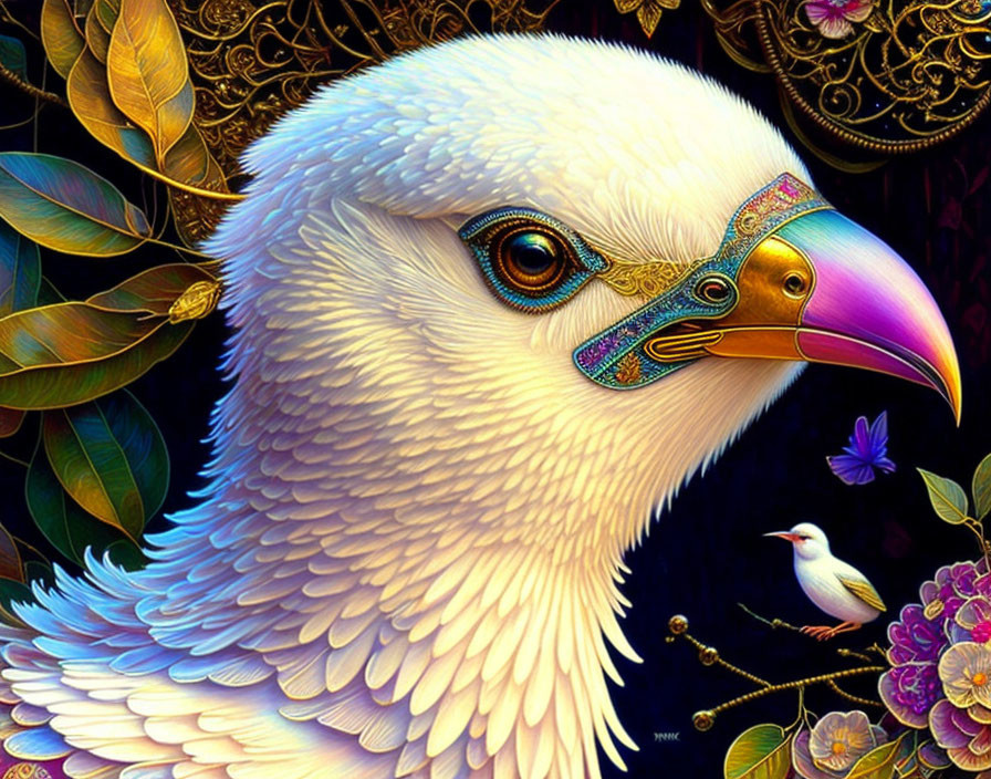 Majestic white eagle with decorated beak among golden leaves and flowers