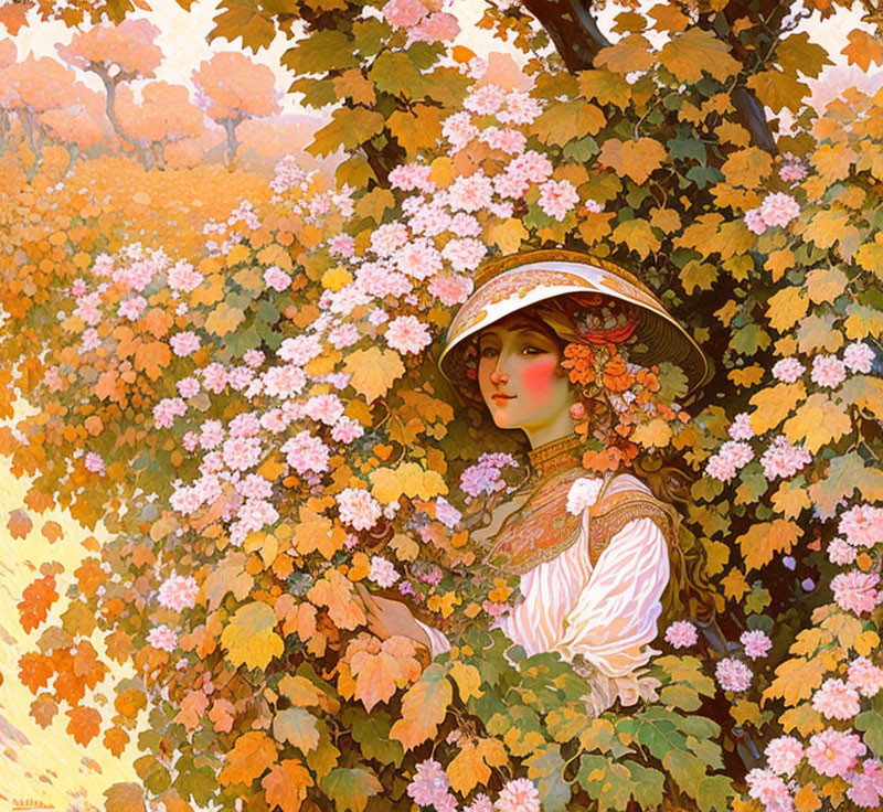 Woman in Wide-Brimmed Hat Surrounded by Autumn Foliage and Flowers