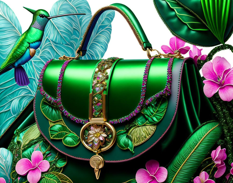 Luxurious Green Handbag with Gold and Gemstone Embellishments surrounded by Tropical Flora