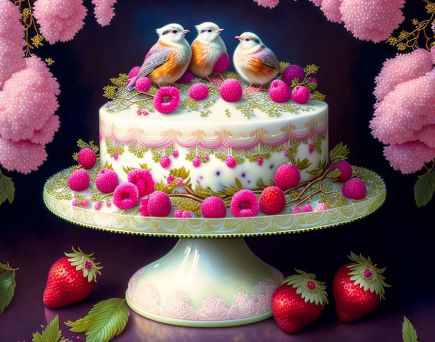 Ornate cake with raspberries, gold trimmings, birds, strawberries on pedestal