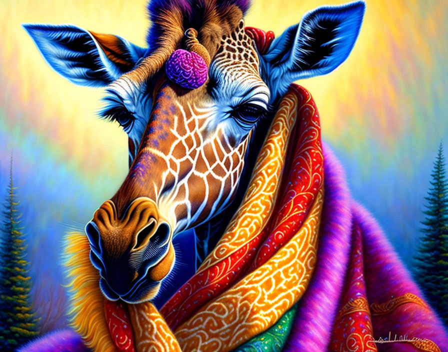 Colorful Giraffe Painting with Patterned Shawl and Blue Trees