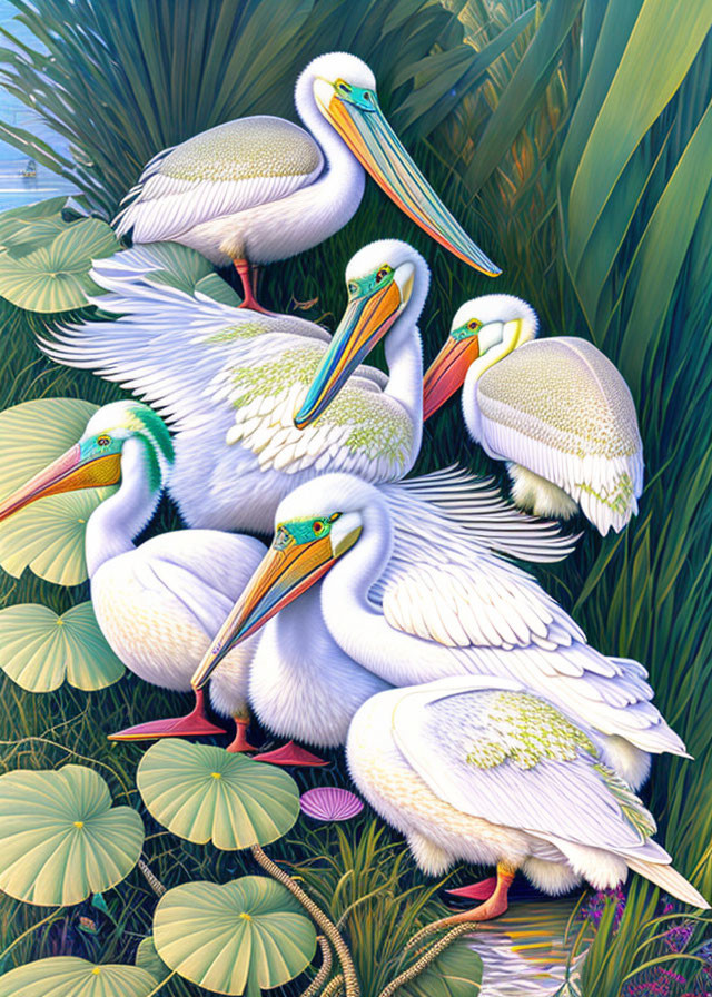 Colorful Pelicans Among Greenery and Lily Pads with Detailed Feathers