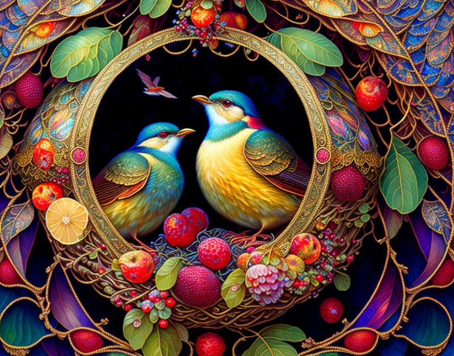 Colorful Birds in Decorative Frame with Berries and Leaves