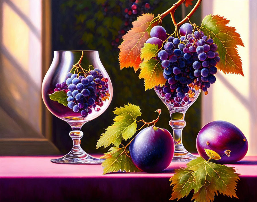 Colorful still-life painting: wine glass, grapes, plums on purple surface