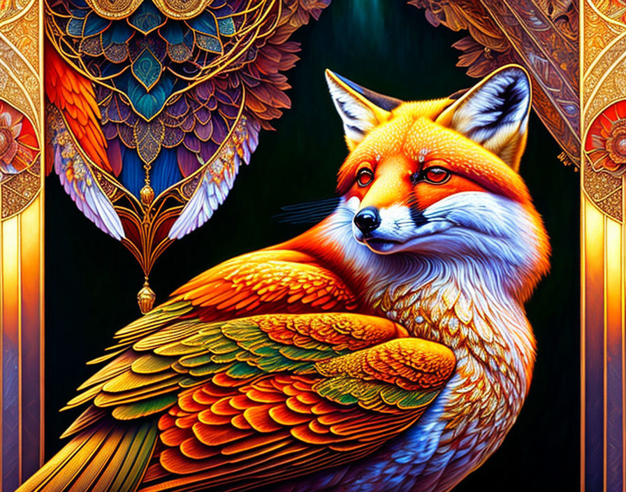 Colorful Feathered Fox Illustration on Ornate Background