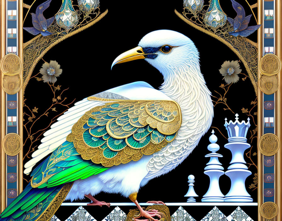 Emerald Green Bird with Ornate Background Details