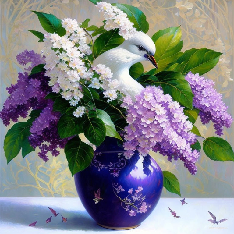 White Bird Emerging from Blue Vase Surrounded by Lilacs and Butterflies