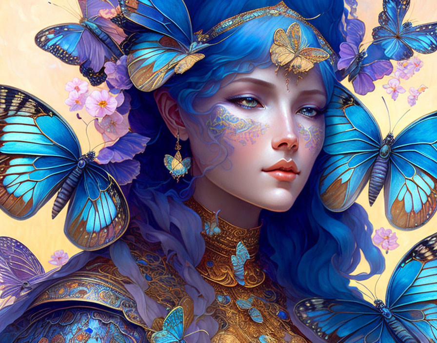 Ethereal Woman with Blue Hair and Butterfly Accents