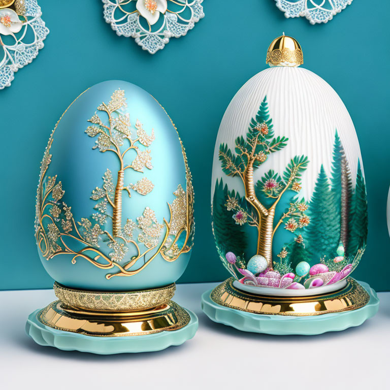 Intricate Gold Designs on Teal Easter Eggs