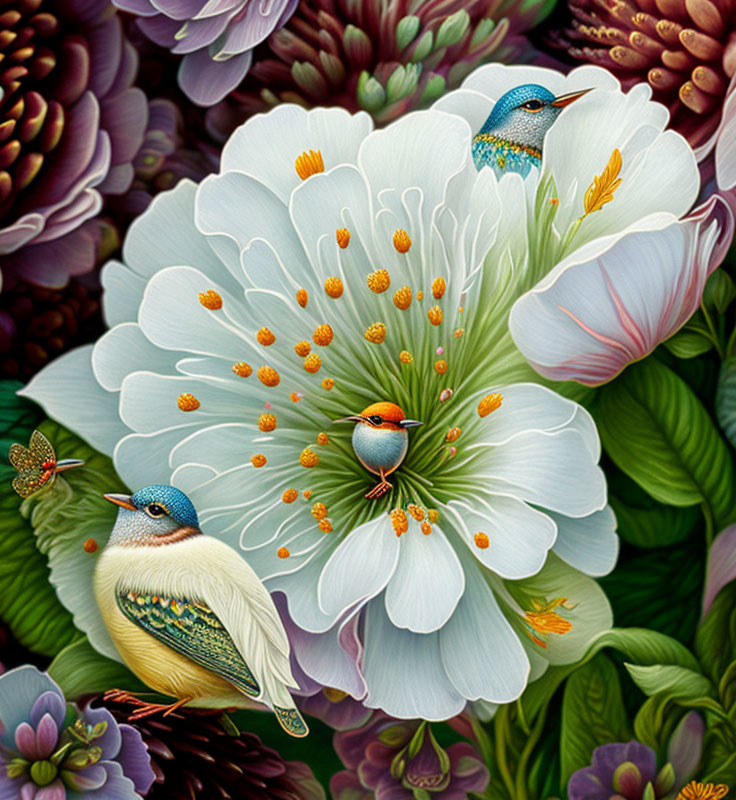 Detailed digital artwork of vibrant white flower, lush greenery, colorful birds.