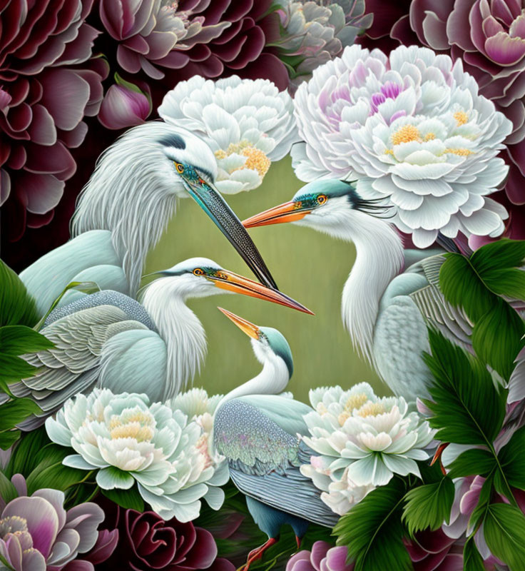 Elegant herons among peonies and vibrant foliage