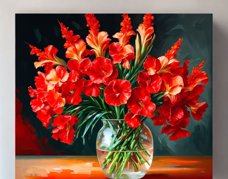 Colorful Gladiolus Bouquet in Transparent Vase on Dark Abstract Background