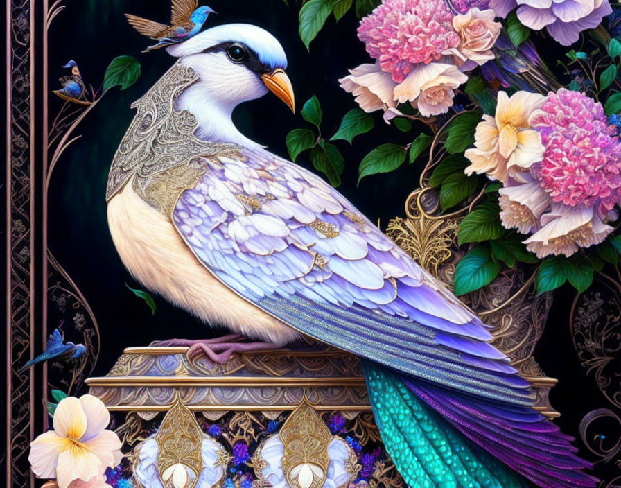 Majestic bird with intricate plumage perched on golden structure surrounded by flowers