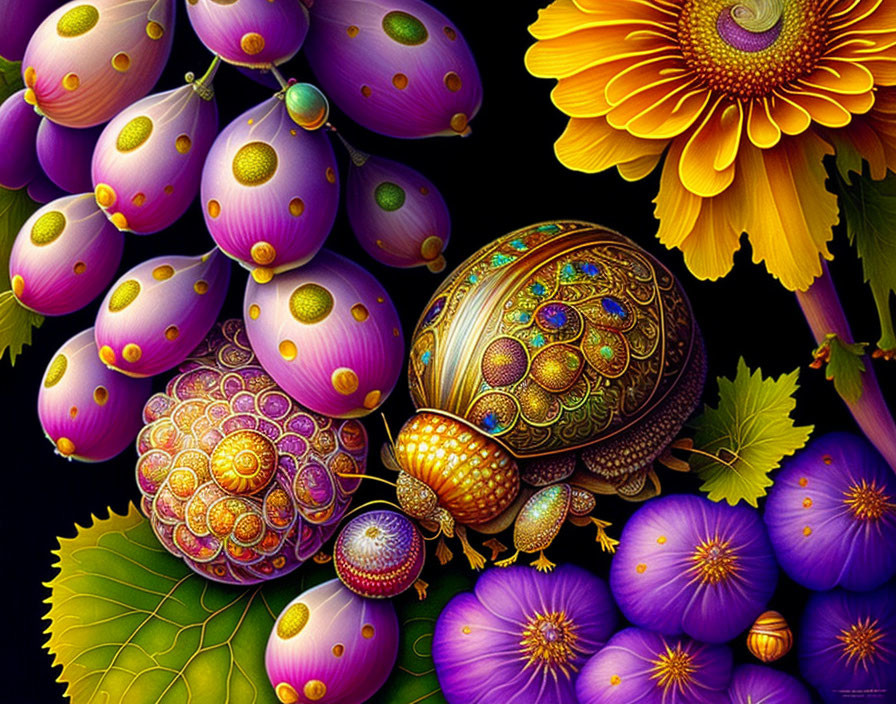 Colorful digital art: Decorated fruits, insects, flower on dark backdrop