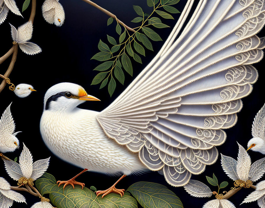 Detailed white bird illustration on branch with dark background