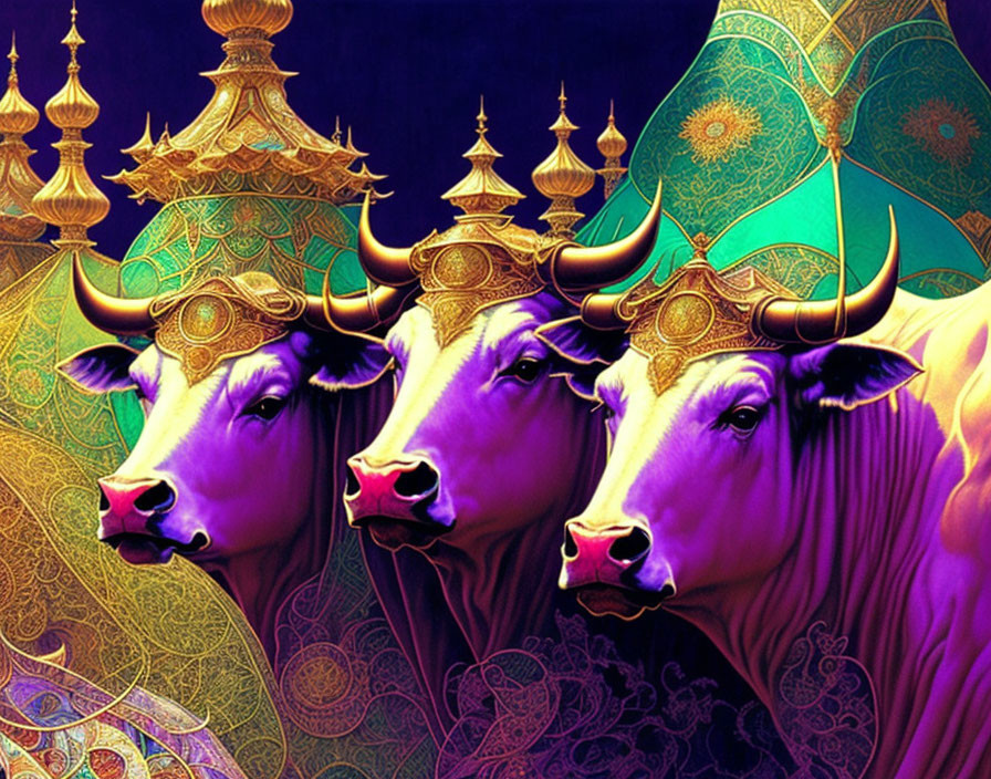 Vibrant illustration of ornate bulls in intricate patterns