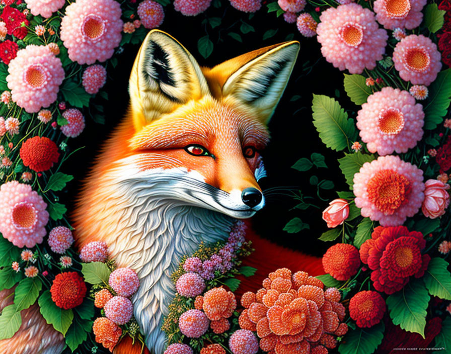 Fox in Floral Wreath with Vibrant Colors and Details