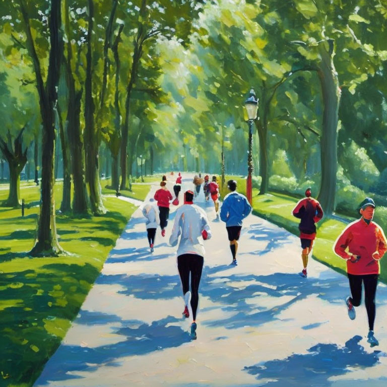 Vibrant painting of people jogging in sunny park with trees and lamppost