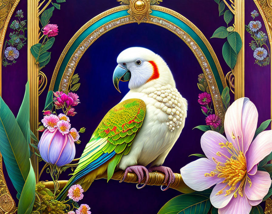 Vibrant green and yellow parrot on branch with tropical flowers on purple background