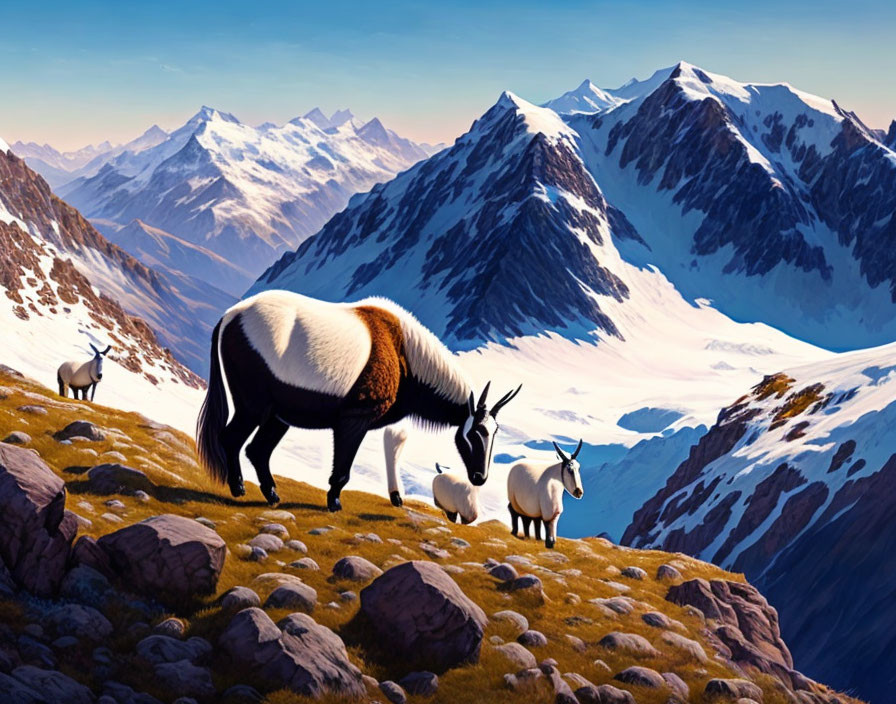 Digital Illustration: Three Goats on Rocky Mountain Slope