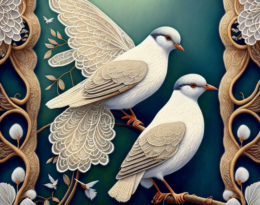 Detailed White Birds on Teal Background with Floral Motifs