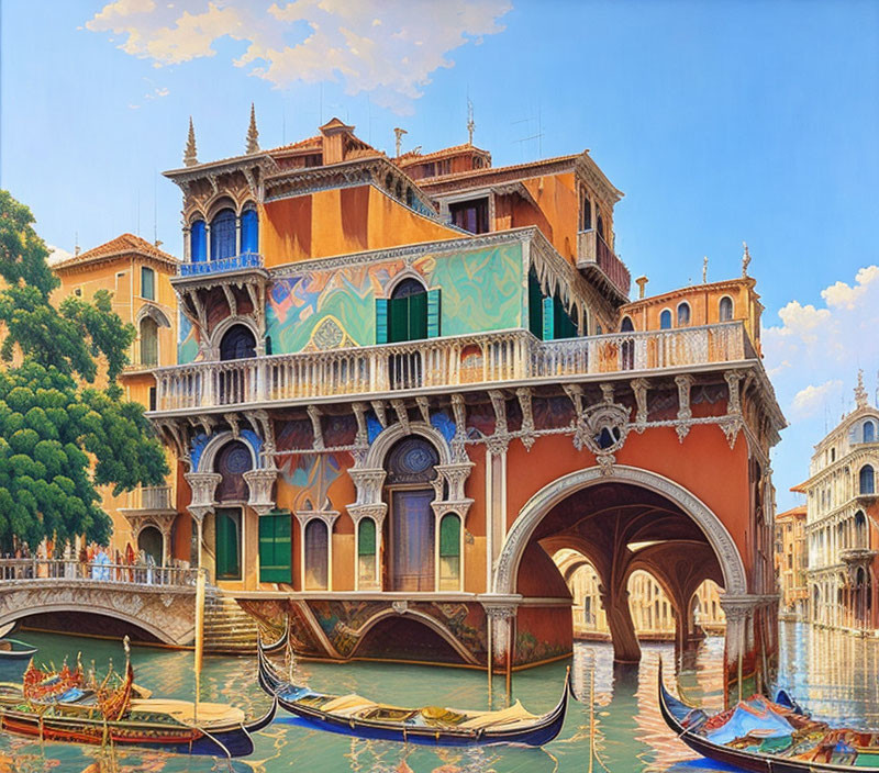 Venetian canal painting with ornate buildings, bridge, and gondolas