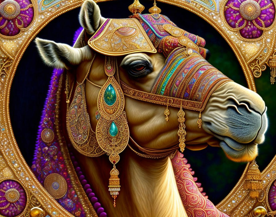 Colorful Camel with Elaborate Trappings and Ornate Headpiece