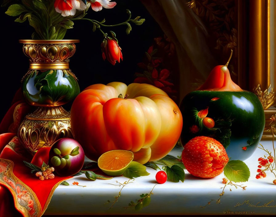 Ripe fruits, decorative vase, draped fabric still life painting