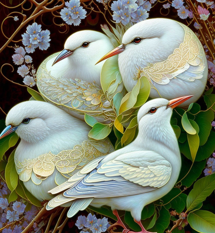 Four White Birds with Ornate Feather Patterns Perched Among Blossoming Branches