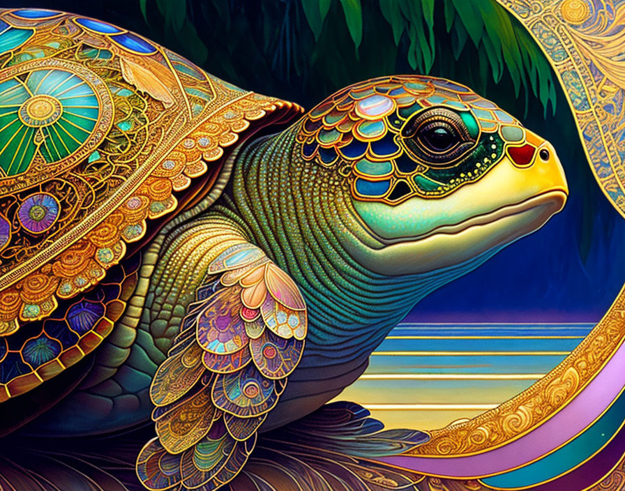 Vibrant Turtle with Colorful Patterns and Aquatic Background