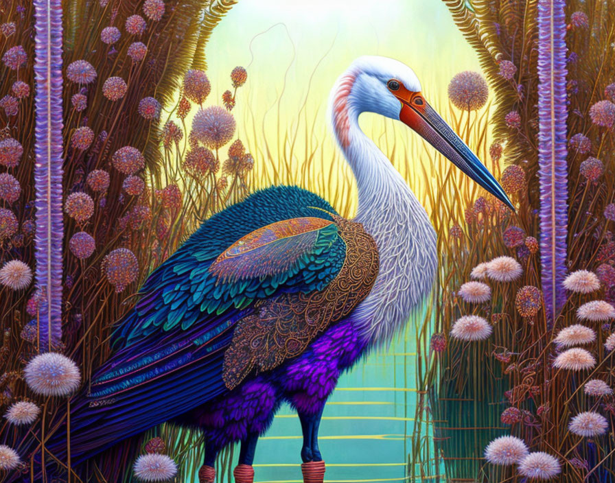 Colorful Stork Illustration in Nature Scene