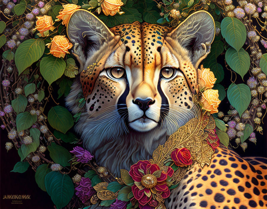 Cheetah with Floral Crown in Lush Natural Setting