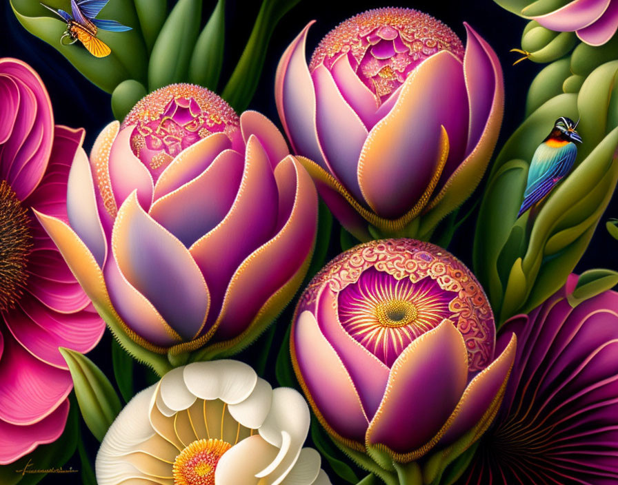 Colorful Floral Artwork with Birds and Insects in Pink and Purple