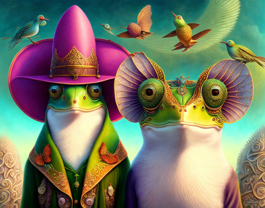 Colorful surreal landscape with whimsical anthropomorphic frogs in ornate costumes