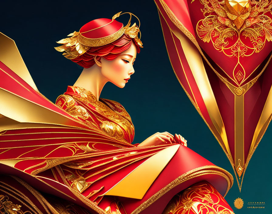 Detailed illustration of woman in red and gold traditional outfit with headdress on blue backdrop