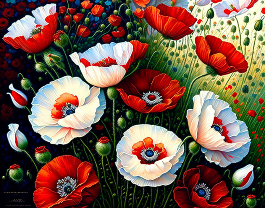 Colorful Poppy Field Painting with Detailed Surrealist Style