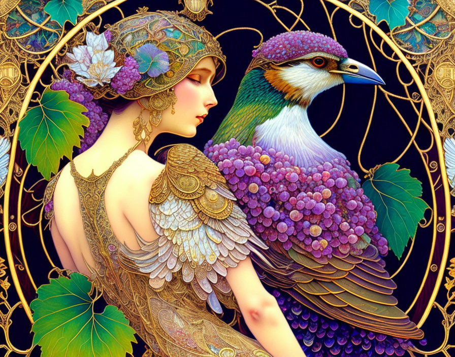 Art Nouveau Woman with Ornate Headdress and Peacock in Intricate Golden Patterns