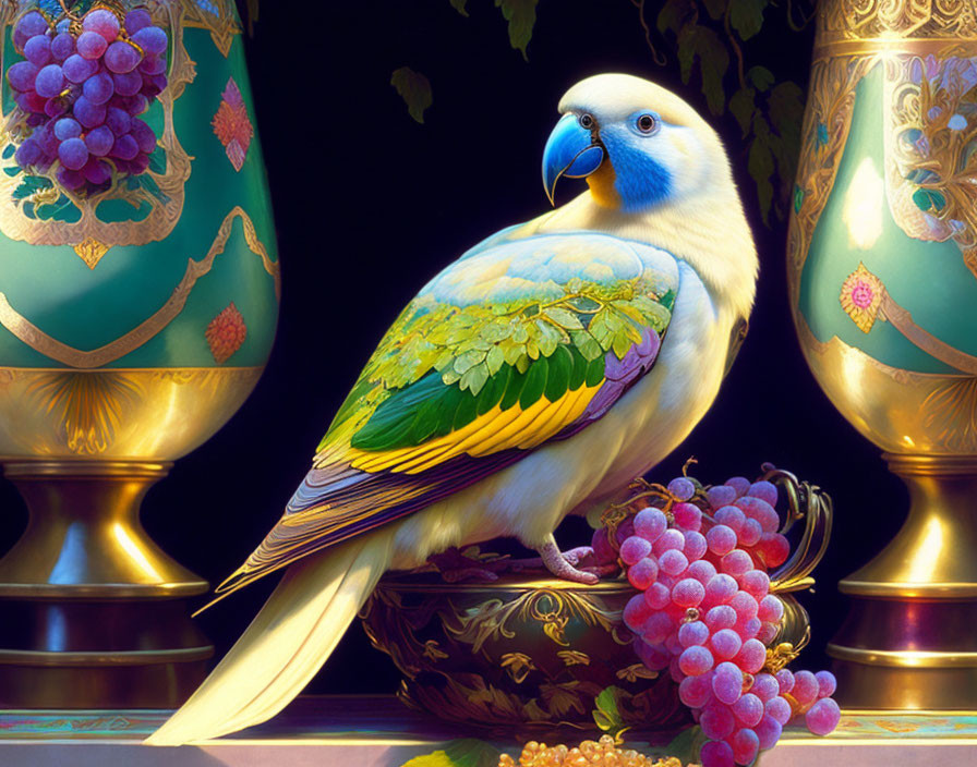 Vibrant parrot with blue, green, and yellow feathers beside grapes and ornate vases