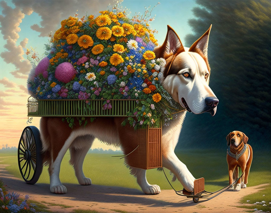 Two dogs with flowers and wagon in pastoral setting