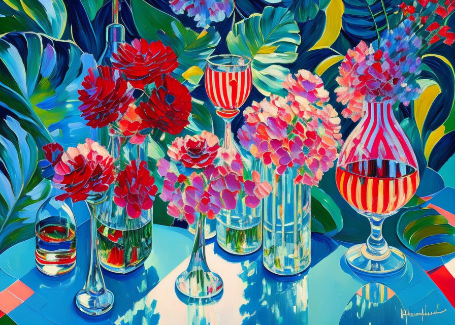 Colorful still-life painting of red and pink flowers in glass vases on striped background