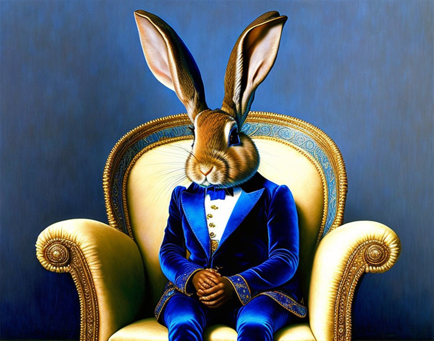 Anthropomorphic Rabbit in Blue Suit on Golden Armchair