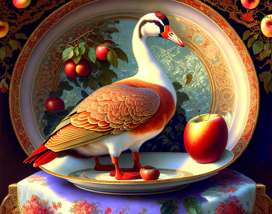 Colorful Bird with Red Beak on Decorated Plate with Apple and Lush Foliage