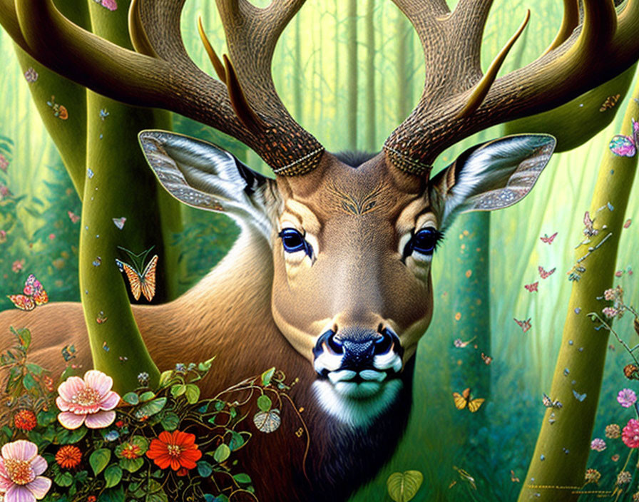 Colorful Stag Painting Surrounded by Nature Elements