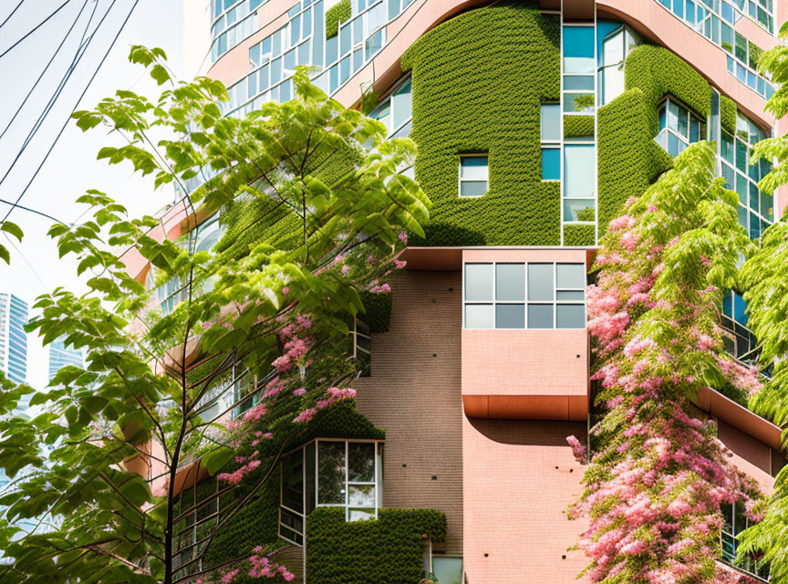 Urban building adorned with green ivy and pink trees against clear sky