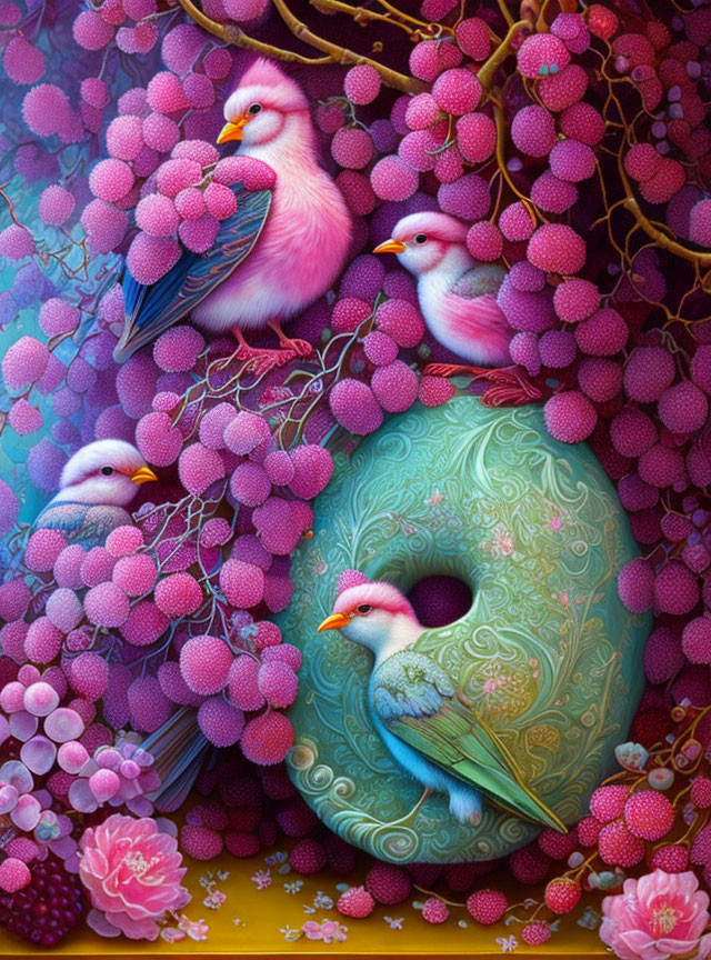 Vibrant Birds Among Clusters of Pink Grapes and Flora